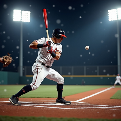 AI-generated photo: Professional MLB night-game photograph in a cold snap, warm tungsten stadium lights carving out the ...