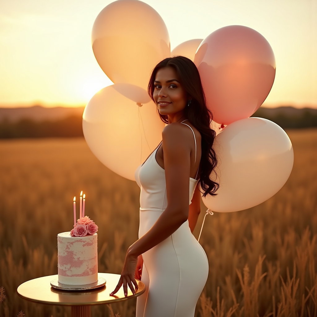 Golden Hour Outdoor Birthday Photos example: Photorealistic portrait photography. Editorial hero image for a birthday glow-up, with the subject standing confidently