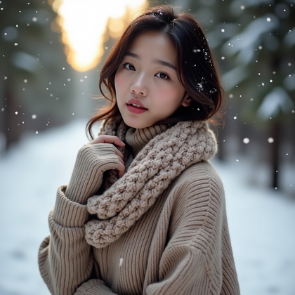 AI-generated photo: Photorealistic winter fashion portrait: On a snow‑dusted pine path, the subject wears an oversized c...