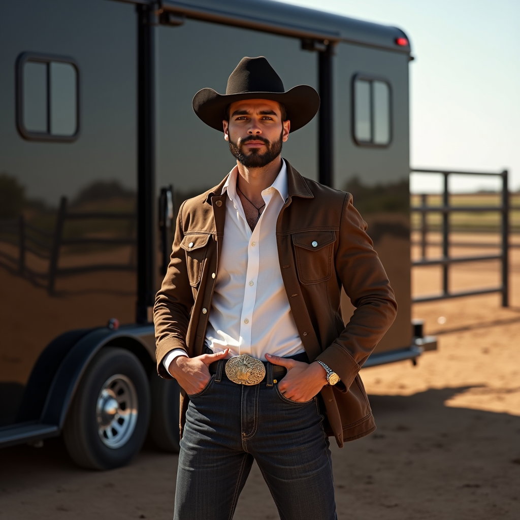 AI-generated photo: Fashion photography, a hands-on-belt-buckle cowboy power pose staged in front of a sleek black horse...