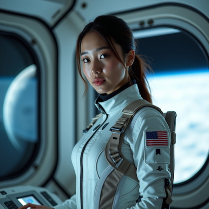 AI-generated photo: Professional portrait photography, a commanding mission specialist standing in a moon base operation...