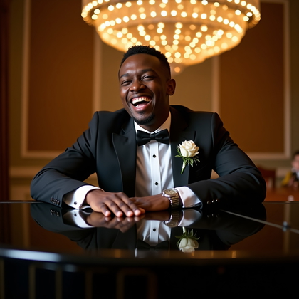 AI-generated photo: Photorealistic wedding photograph of a suited subject leaning a forearm across the closed lid of a g...