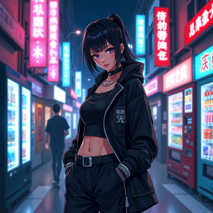 AI-generated photo: Anime illustration. A dramatic cyber-pop character portrait in a futuristic Japanese nightlife setti...