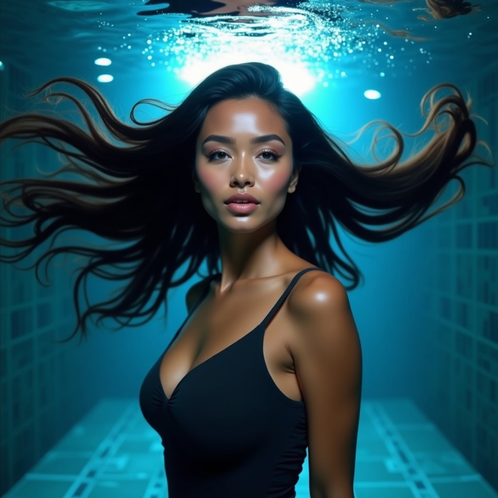AI-generated photo: Photorealistic underwater portrait photography in a luxury spa pool with dark, moody tiles, the subj...