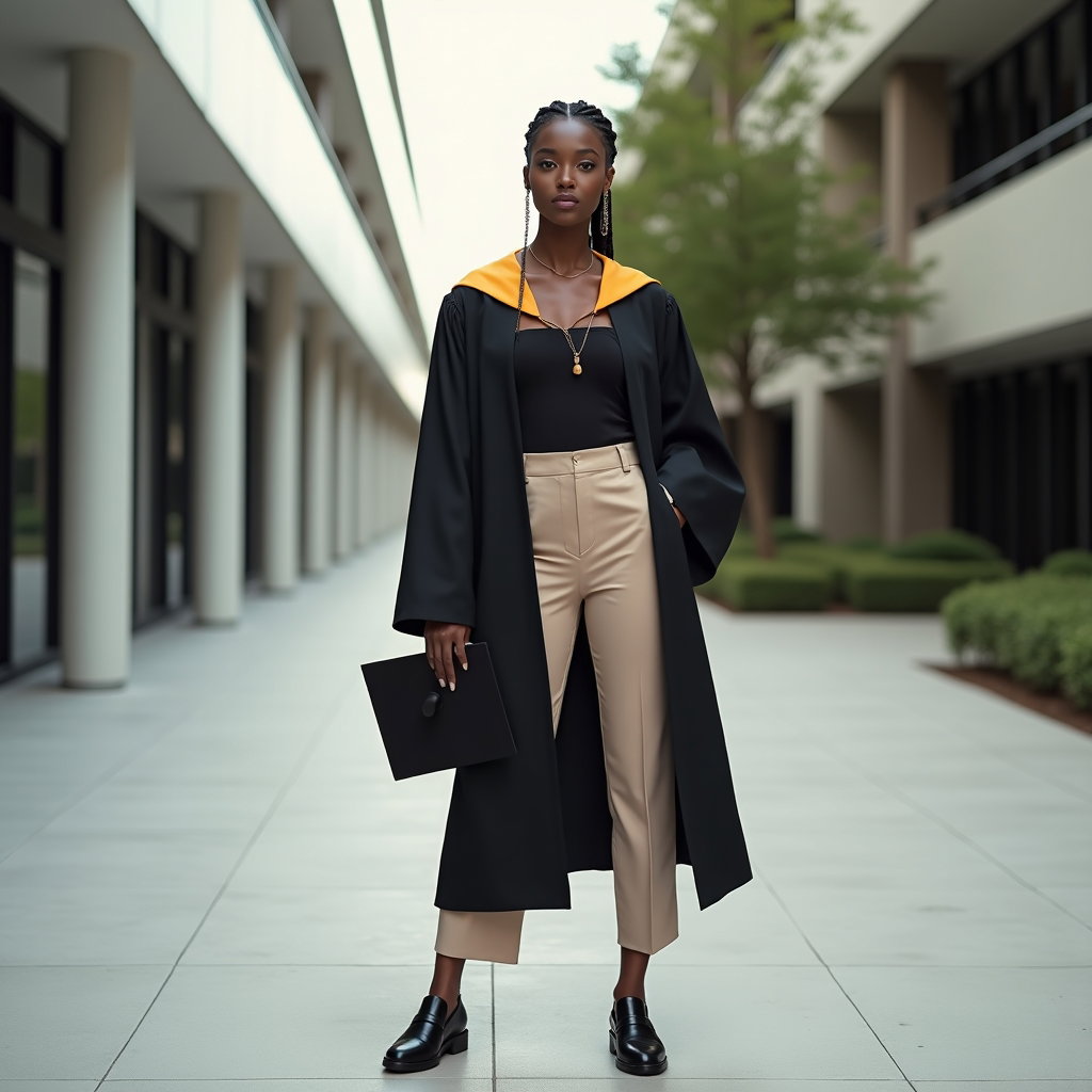 AI-generated photo: Fashion editorial photography, a full-body graduation portrait in a sleek campus walkway with clean ...