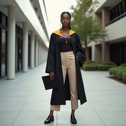 AI-generated photo: Fashion editorial photography, a full-body graduation portrait in a sleek campus walkway with clean ...