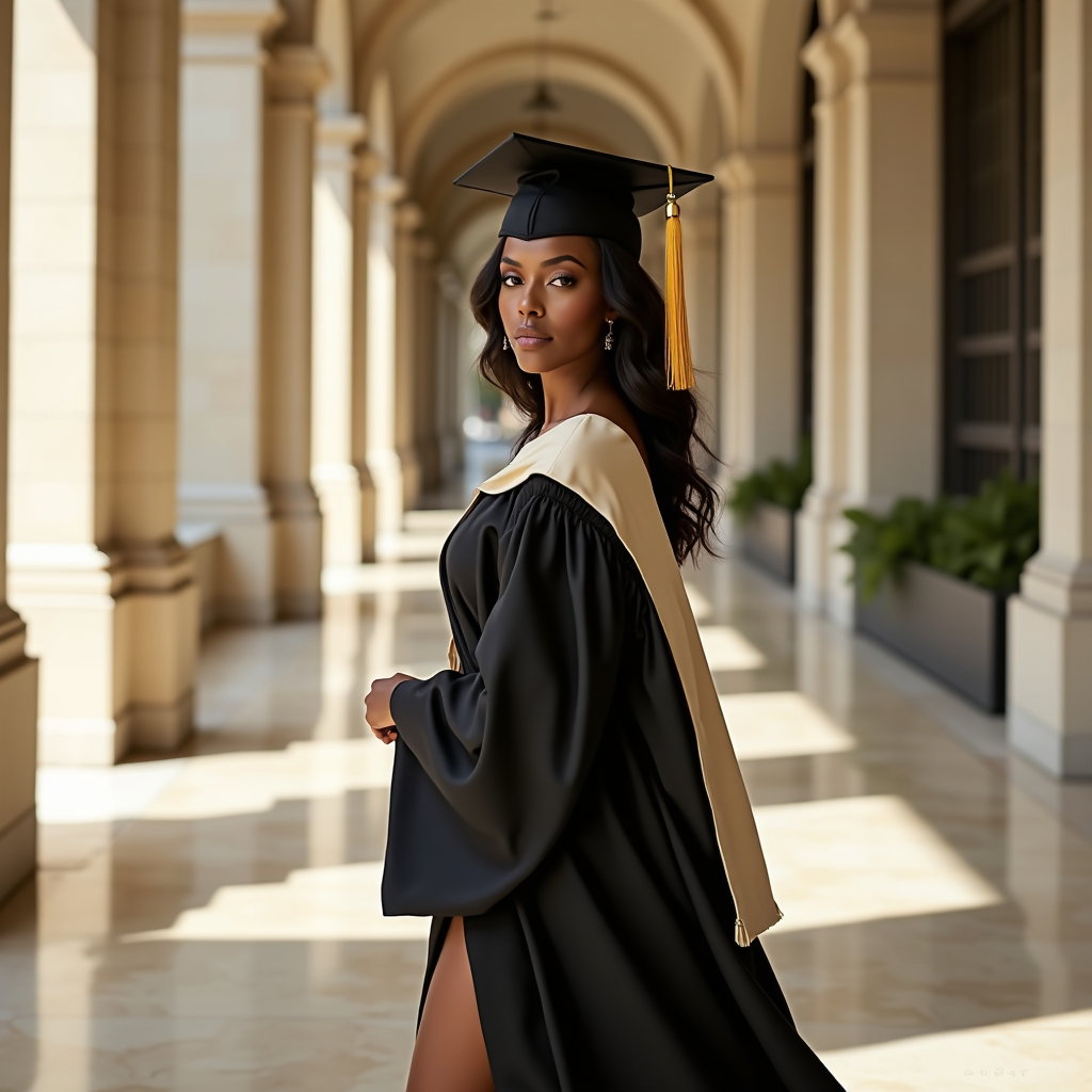 AI-generated photo: Professional fashion portrait photo, a high-end soft over-the-shoulder graduate portrait set in a gr...