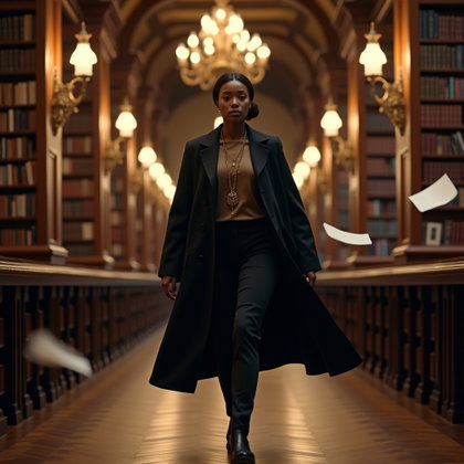 Dark Academia Library Poet Portrait example: Photorealistic lifestyle portrait photography. Motion/action portrait of a single subject moving through a grand reading