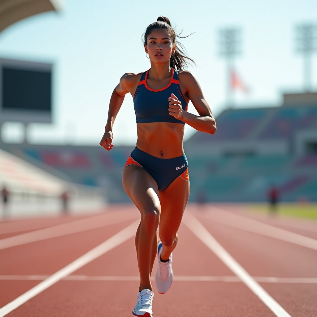 AI-generated photo: Photorealistic fashion sports photography of an Olympic-style sprinter captured mid-stride from a th...