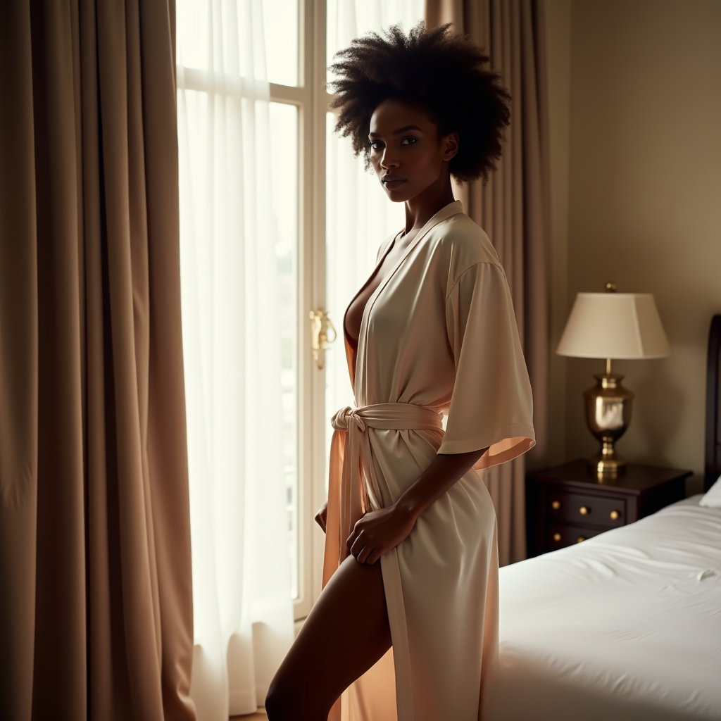 Shirt, Robe, or Sheet Reveal example: Photorealistic boudoir photography, a luxurious silk robe reveal in an elegant bedroom suite with the subject standing b