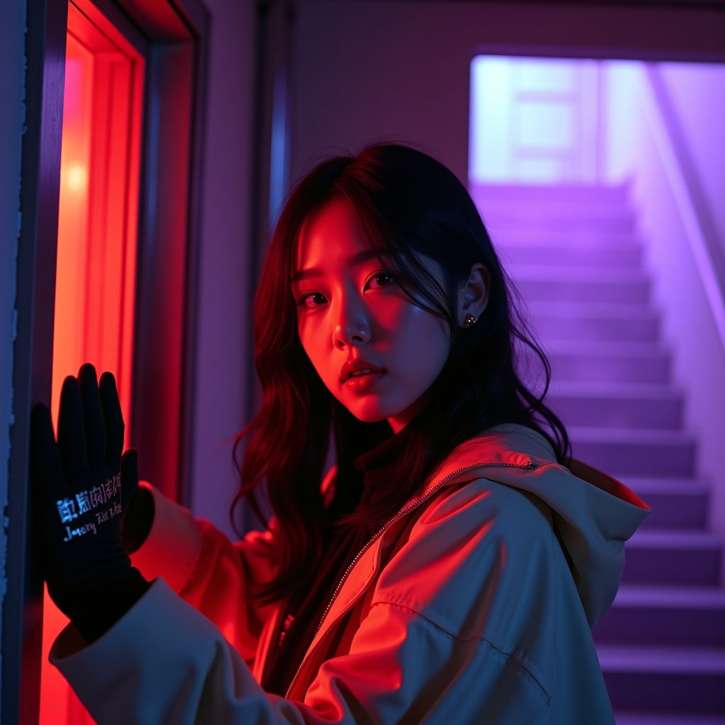 Rooftop Demon Hunt Action Portrait example: Photorealistic cinematic K-pop demon-hunter close-up portrait photo. Frame the hunter bursting through a rooftop access