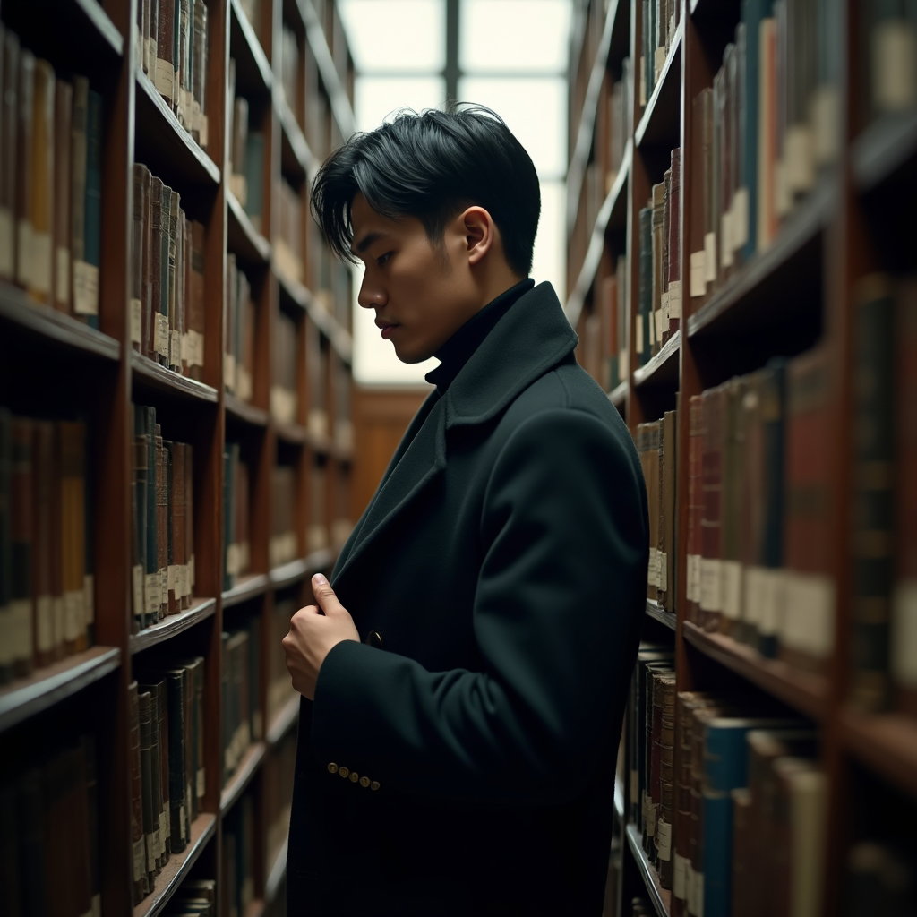 Library Stacks: Close side-profile portrait in a narrow library aisle, the subject standing almost shoulder-to-shelf with a long wool overcoat buttoned…