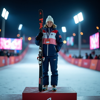 AI-generated photo: Photorealistic night-time portrait photograph at an outdoor medal plaza. The athlete stands on an em...