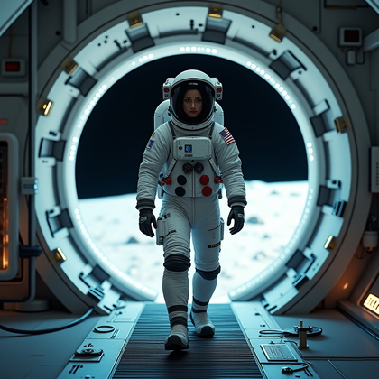 AI-generated photo: Cinematic photorealistic space exploration photography. A dramatic suit-up readiness portrait unfold...