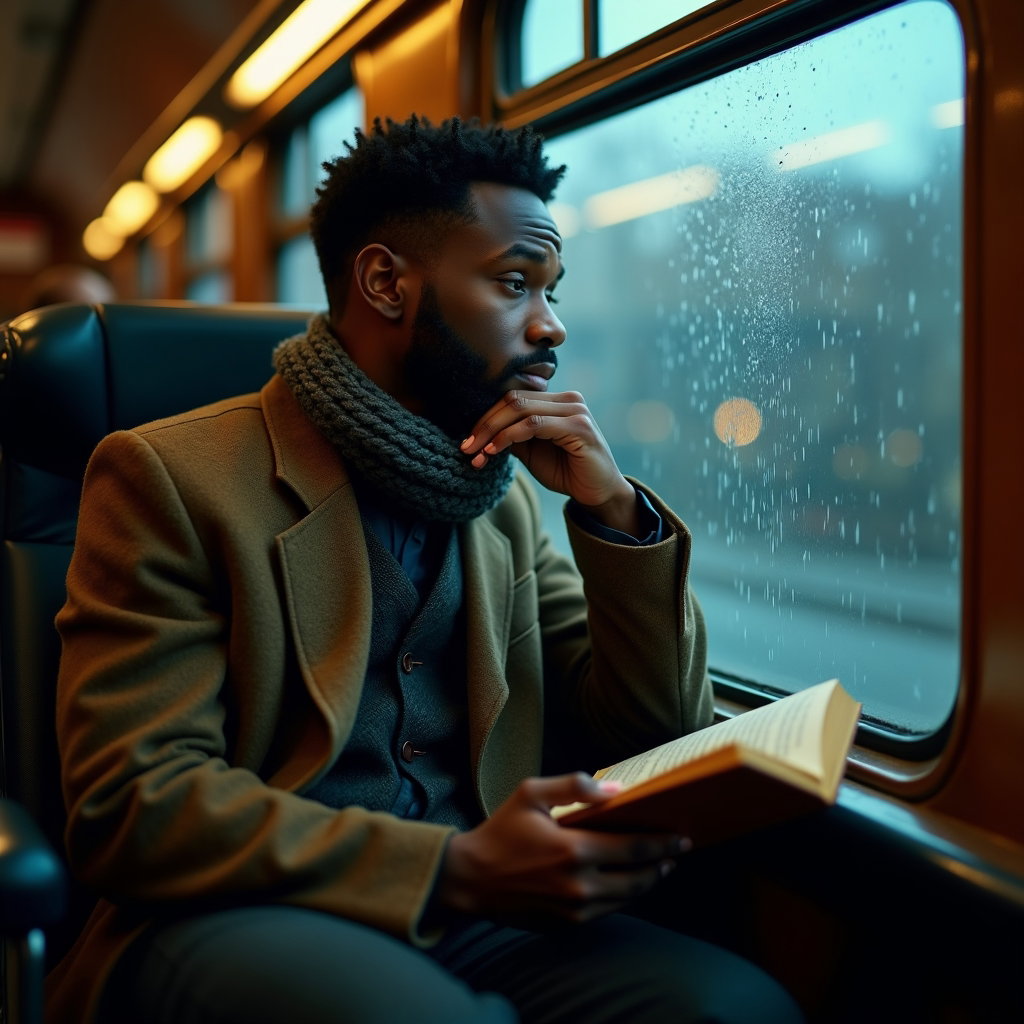 Train Window Study: Cinematic close portrait inside a vintage train compartment, one person leaning their temple lightly against the cool window glass while…