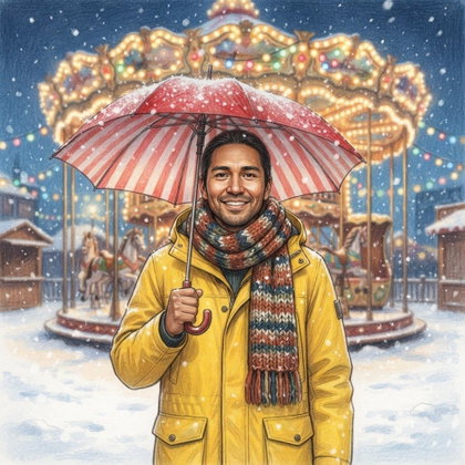 A single subject stands at an empty winter fairground, holding a striped umbrella beside an illuminated carousel. A lemon-yellow coat and knitted scarf brighten the snowy scene. Carousel bulbs shimmer through falling snow against the blue evening light; centered waist-up composition, atmospheric storybook illustration.