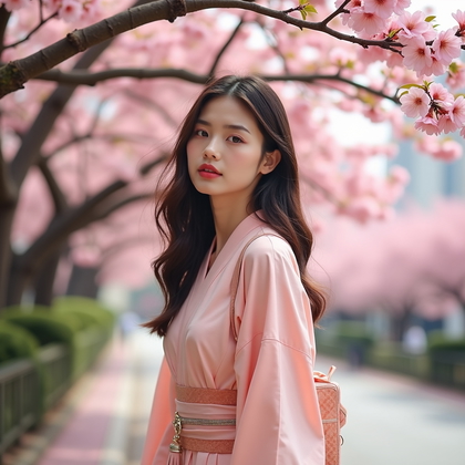AI-generated photo: Fashion editorial photography, a spring cherry blossom festival look styled with a pastel kimono-ins...