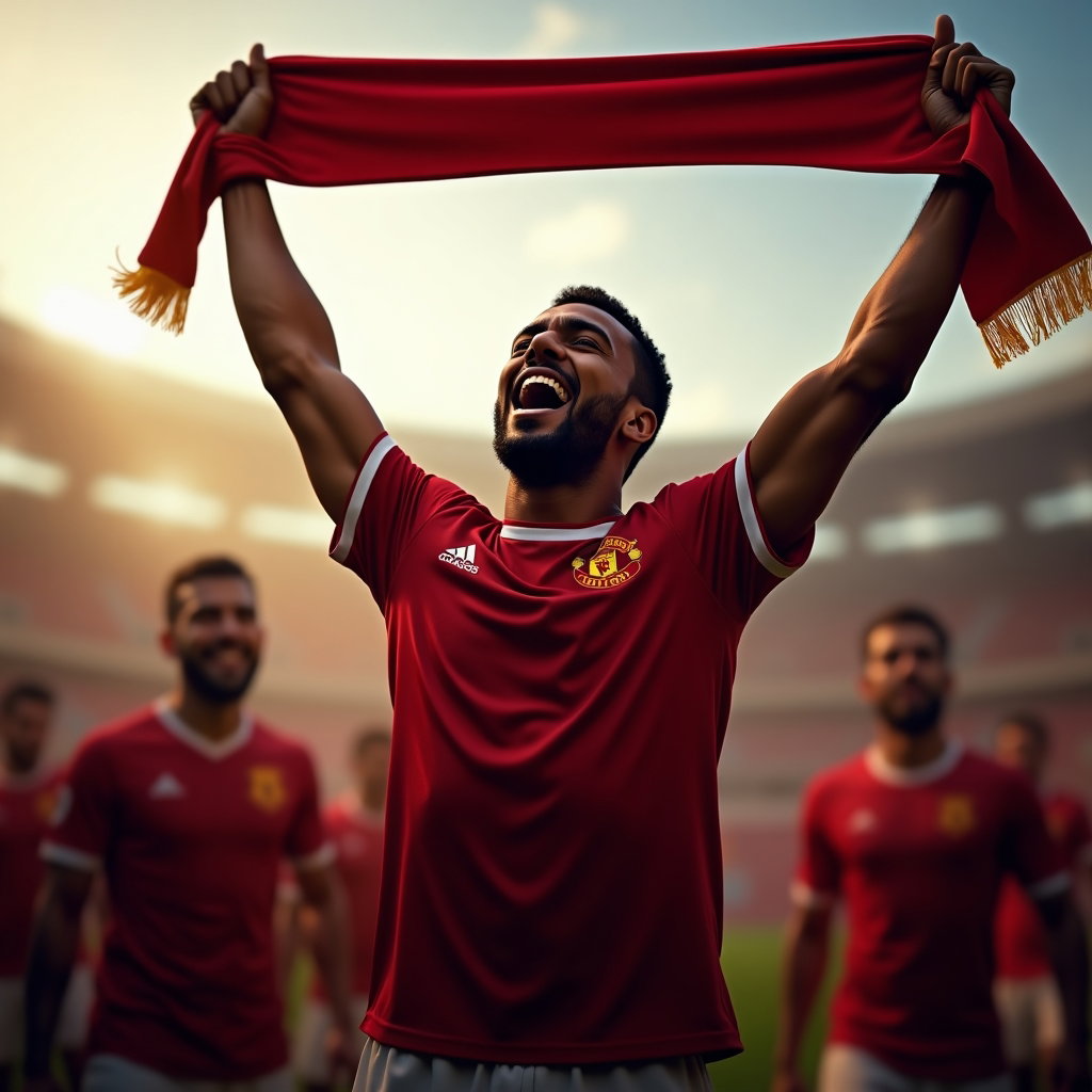 Victory Roar Celebration Portraits example: Photorealistic sports fan portrait photography. Half-body celebration portrait of the fan holding a scarf overhead while