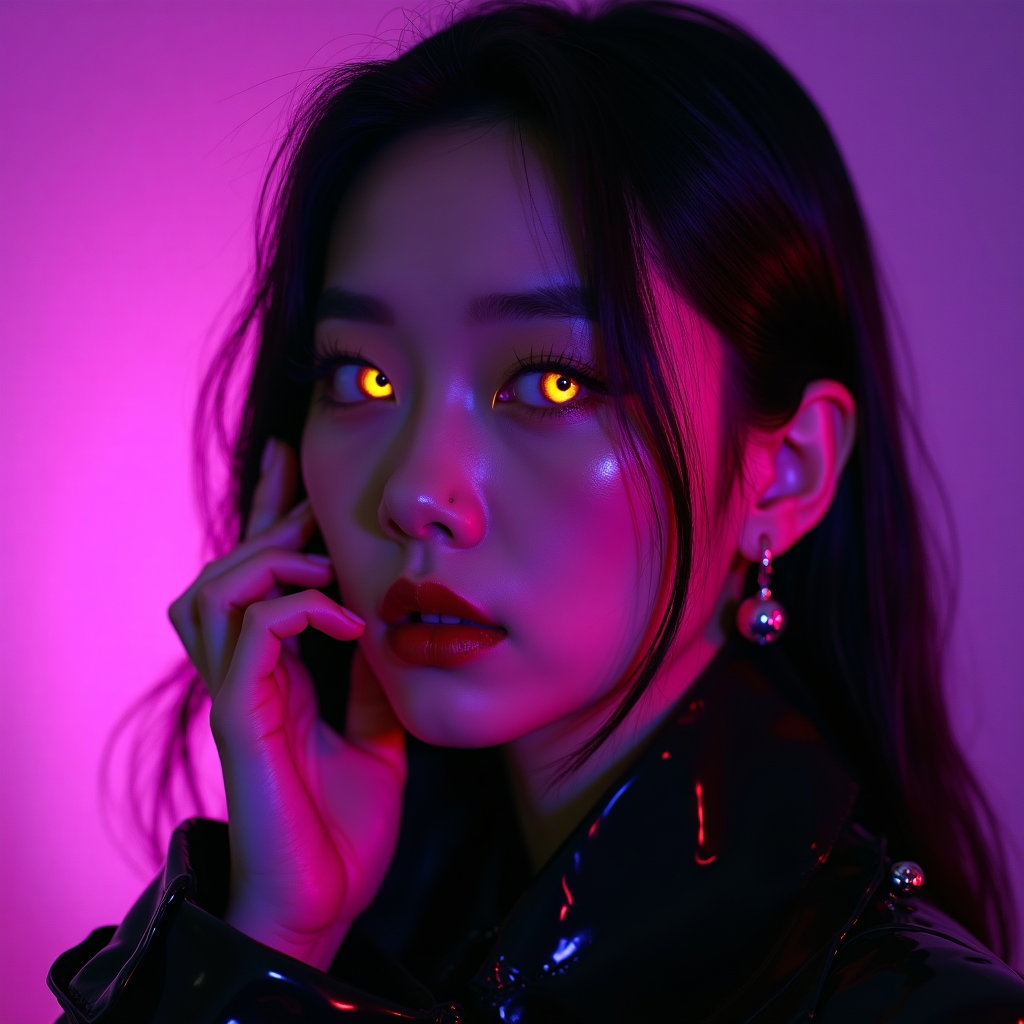 Possessed-Eye Rival Portrait example: Cinematic K-pop fantasy portrait photo. Extreme close-up rival portrait with the face fully visible, one hand lifted nea