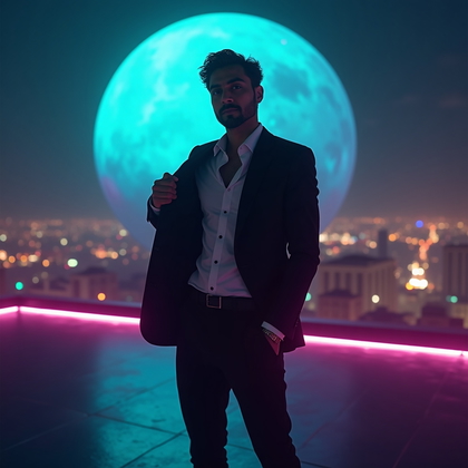 AI-generated photo: Photorealistic portrait photography. The person stands on a rooftop at night in a stylish, form-fitt...