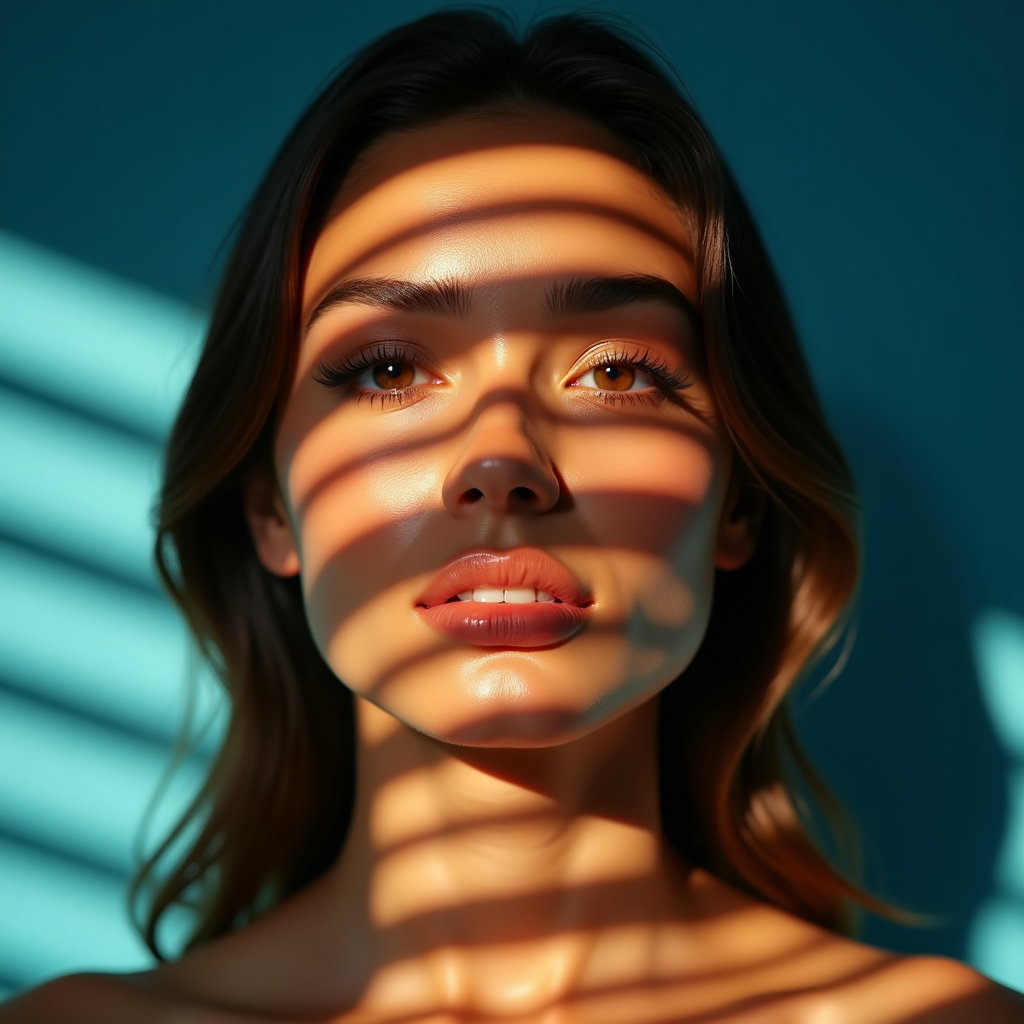 AI-generated photo: Photorealistic editorial beauty photograph with cinematic Venetian-blinds slit lighting painting war...