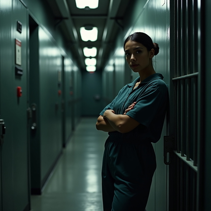 AI-generated photo: Photorealistic prison photography, dynamic three-quarter body shot taken in a dimly lit solitary con...