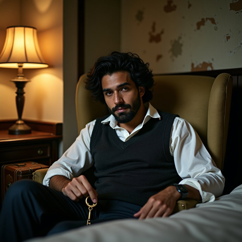 Old Hotel Room: Close seated portrait in a faded hotel armchair beside the bed, single subject wearing a rumpled white shirt under a dark knitted vest, one…