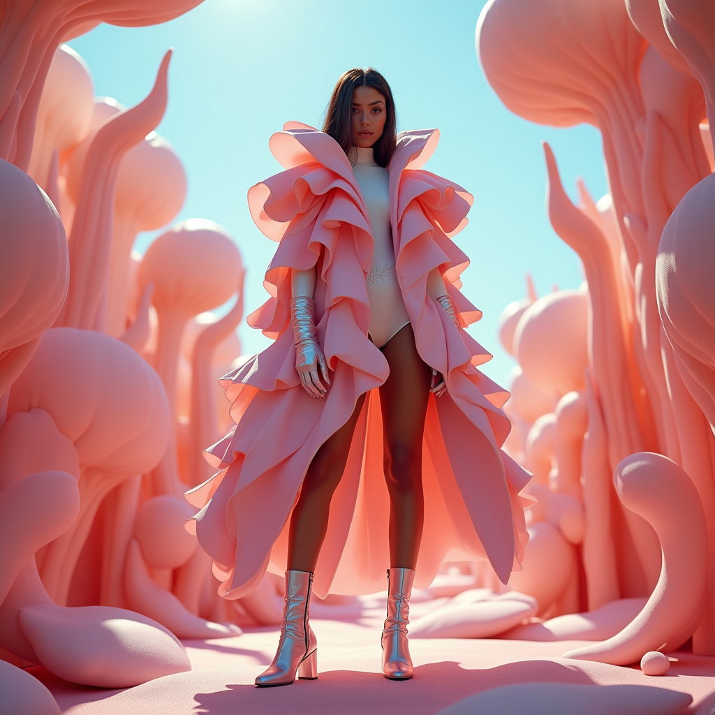 Full-Body Fashion Editorial Pop Star Cover Photos example: Photorealistic fashion editorial album cover photo. Unexpected creative full-body concept inside a surreal oversized flo