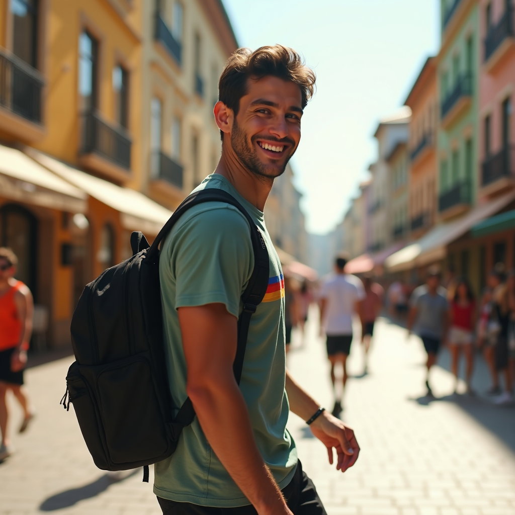 Natural Pride Portraits That Avoid Prop Overload example: Photorealistic portrait photography. Motion portrait of the subject walking through a sunlit plaza and turning back towa