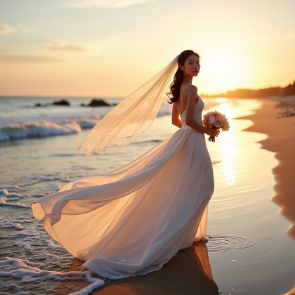 AI-generated photo: Photorealistic wedding photography — sunset shoreline with soft pastel sky, the bride walking along ...