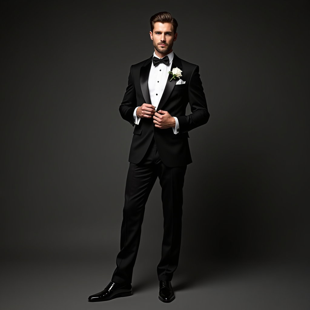 AI-generated photo: Photorealistic wedding editorial portrait featuring a full-length, low-angle studio shot on a deep c...