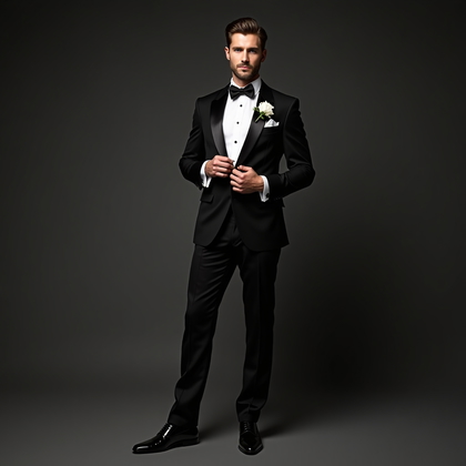 AI-generated photo: Photorealistic wedding editorial portrait featuring a full-length, low-angle studio shot on a deep c...