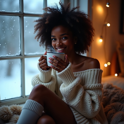 AI-generated photo: Photorealistic winter lifestyle photo: Seated on a faux‑fur throw by a frost‑kissed window, in an of...