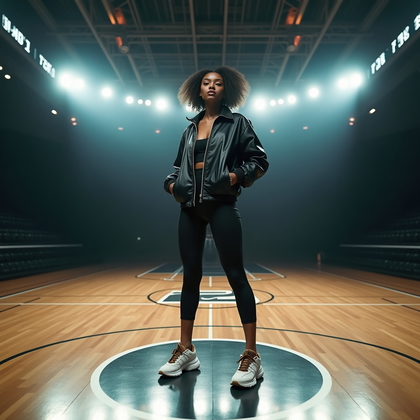 AI-generated photo: Photorealistic fashion photograph on an indoor basketball court under dramatic arena lights, the sub...