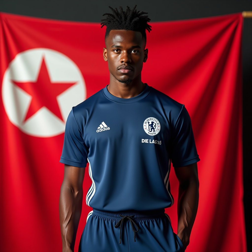 AI-generated photo: Photorealistic fashion sports portrait. Athlete stands in front of a large national flag backdrop in...