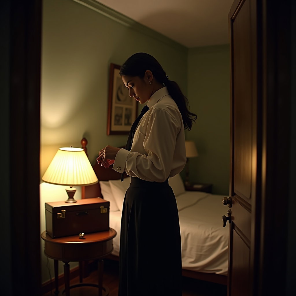 Old Hotel Room: Quiet personal photo from the doorway of a shabby old hotel room: one subject stands by a small bedside table under a weak lamp, buttoning…