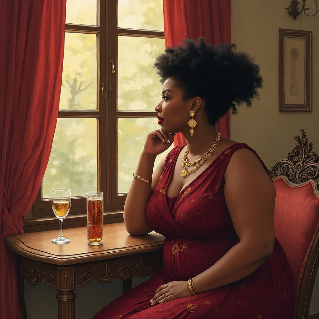 AI-generated photo: Art Nouveau illustration. Visualize an interior scene with a plus-size woman seated at an intricatel...