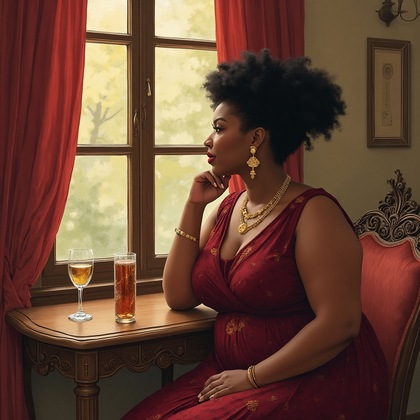AI-generated photo: Art Nouveau illustration. Visualize an interior scene with a plus-size woman seated at an intricatel...