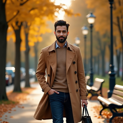 AI-generated photo: Photorealistic lifestyle photography: tree-lined park path in late afternoon with amber leaves swirl...