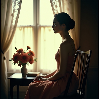 Autochrome color plate portrait (historical photography): Seated at a spindle-back chair by a lace-draped casement, the subject turns in half-profile toward luminous window light filtering through embroidered motifs, producing soft, grainy color with the characteristic mosaic of dyed starch crystals and a painterly, muted palette. A small vase of dahlias and a leather-bound book rest on a side table in soft blur, while the face remains sharply defined and serene, framed by a delicate halo from the backlight.
