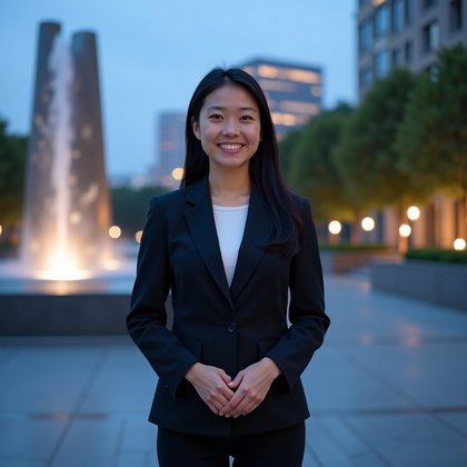 Corporate portrait photo on a granite-paved corporate plaza at blue hour, with an abstract stainless-steel sculpture and softly lit water feature forming a sleek backdrop while building lights glow in the distance. Subject stands tall with shoulders angled toward camera, hands lightly clasped at midline, face fully visible with confident, friendly focus; balanced soft key from the front, subtle back edge from plaza lighting, clean professional wardrobe with neat lines, composed rule-of-thirds framing with gently softened background.