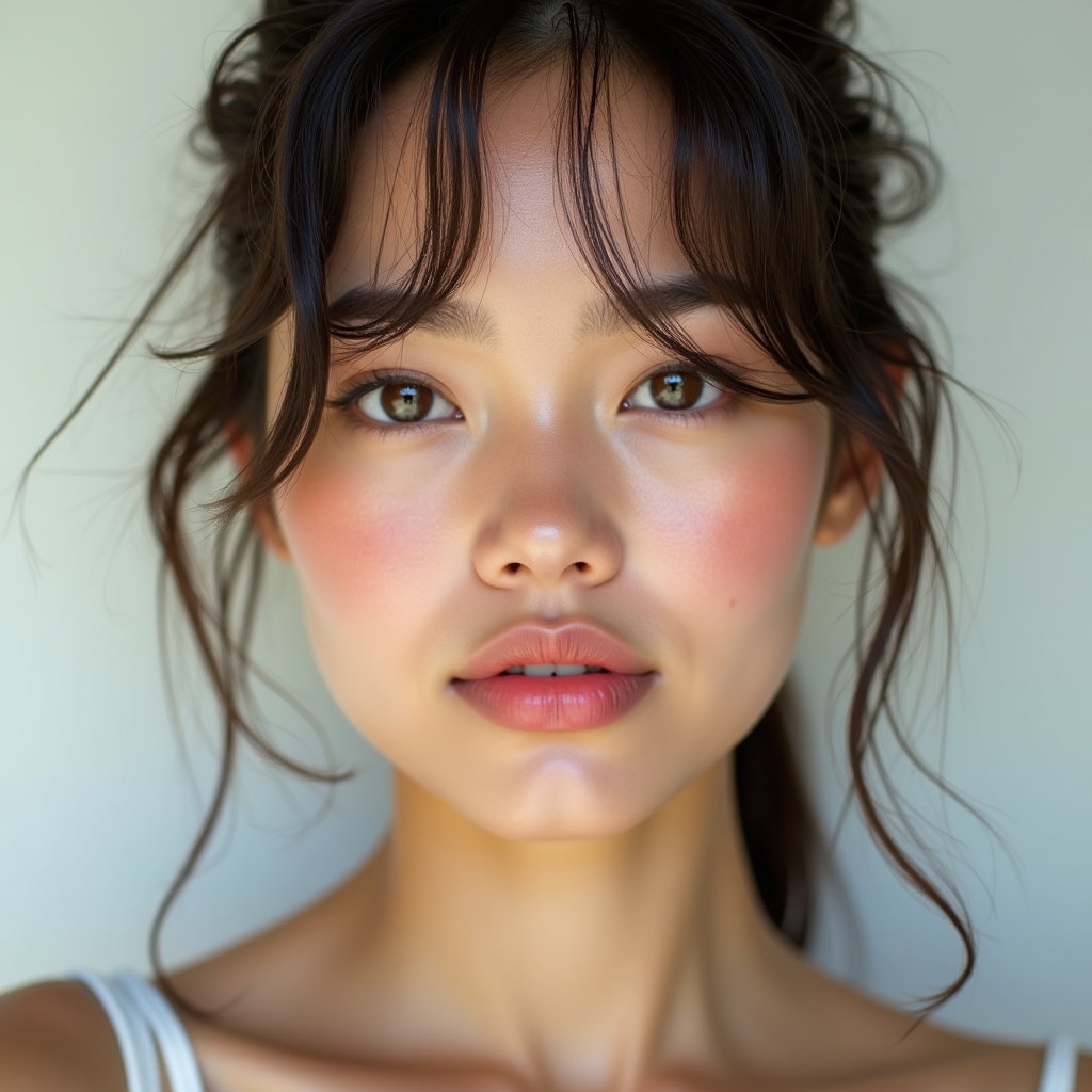 AI-generated photo: Photorealistic beauty portrait photography, tight close-up of a glamorous face with intentionally me...