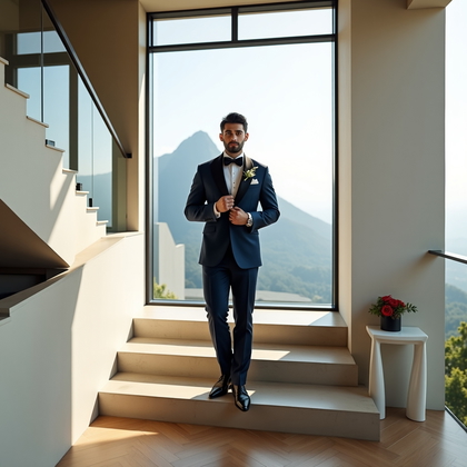 AI-generated photo: Photorealistic wedding editorial photography of a full-length hero portrait in a minimalist penthous...