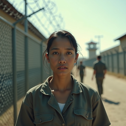 AI-generated photo: Photorealistic prison yard close-up, the subject standing near a chain-link fence topped with razor ...