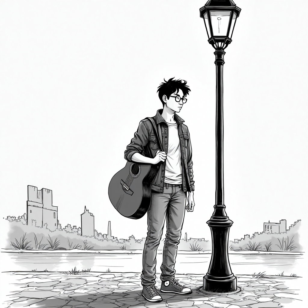 AI-generated photo: **Line Art Illustration.** Illustrate a young man with a guitar slung over his shoulder, standing be...