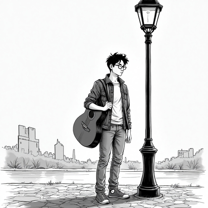 AI-generated photo: **Line Art Illustration.** Illustrate a young man with a guitar slung over his shoulder, standing be...