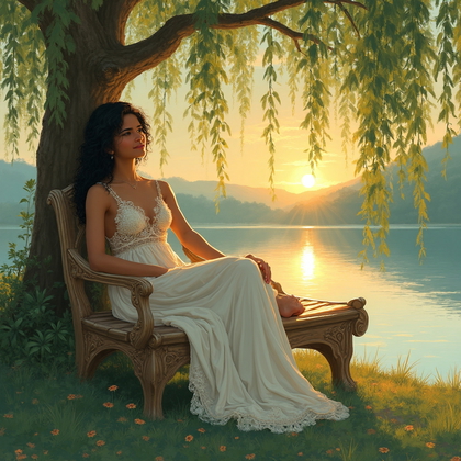 AI-generated photo: Art Nouveau illustration. Picture a serene lakeside setting during the golden hour, with a young wom...