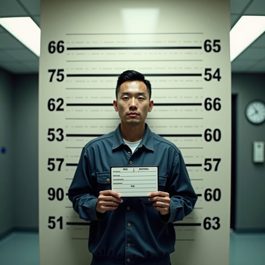 AI-generated photo: Photorealistic intake photography crafted as a high-end, editorial-style side-profile prison mugshot...