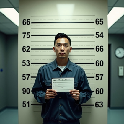 AI-generated photo: Photorealistic intake photography crafted as a high-end, editorial-style side-profile prison mugshot...