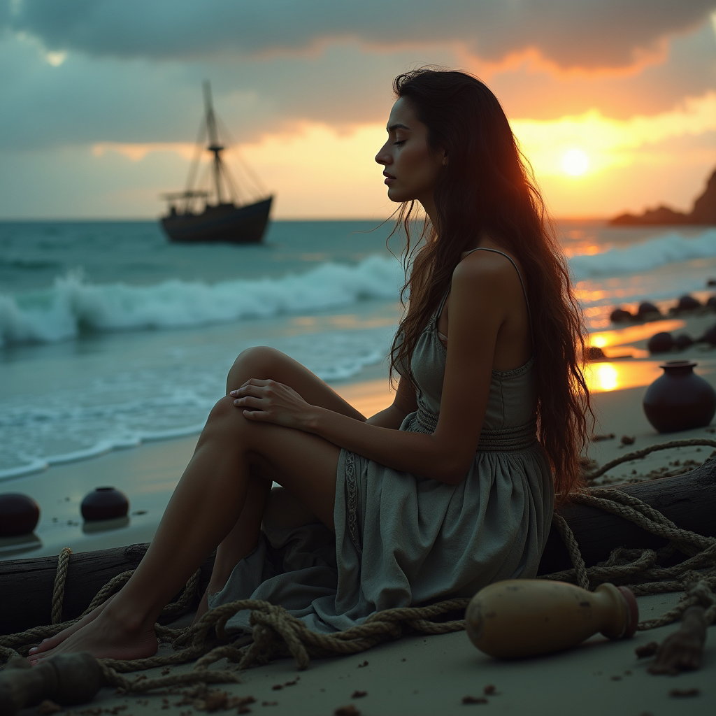Solo Odysseus Storm Survivor Portrait example: Cinematic mythological portrait photography, an environmental portrait of a shipwrecked Odysseus-inspired figure seated